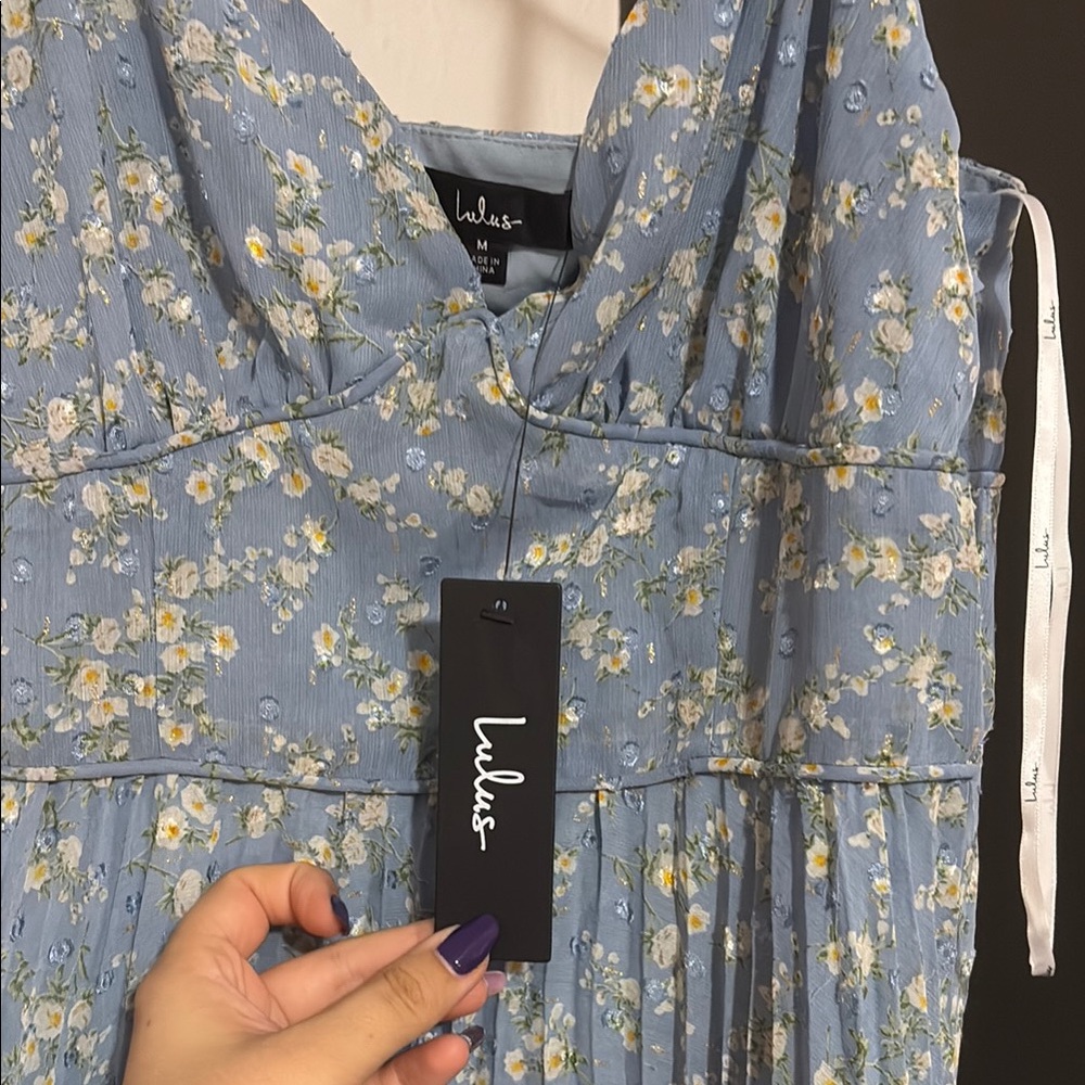 Lulu's Blue Pleated Midi Sundress for Wedding Guest